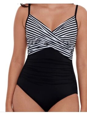 Miracle Brands Black & White Striped Ruched One-Piece Swimsuit, 2X, 20W-22W
